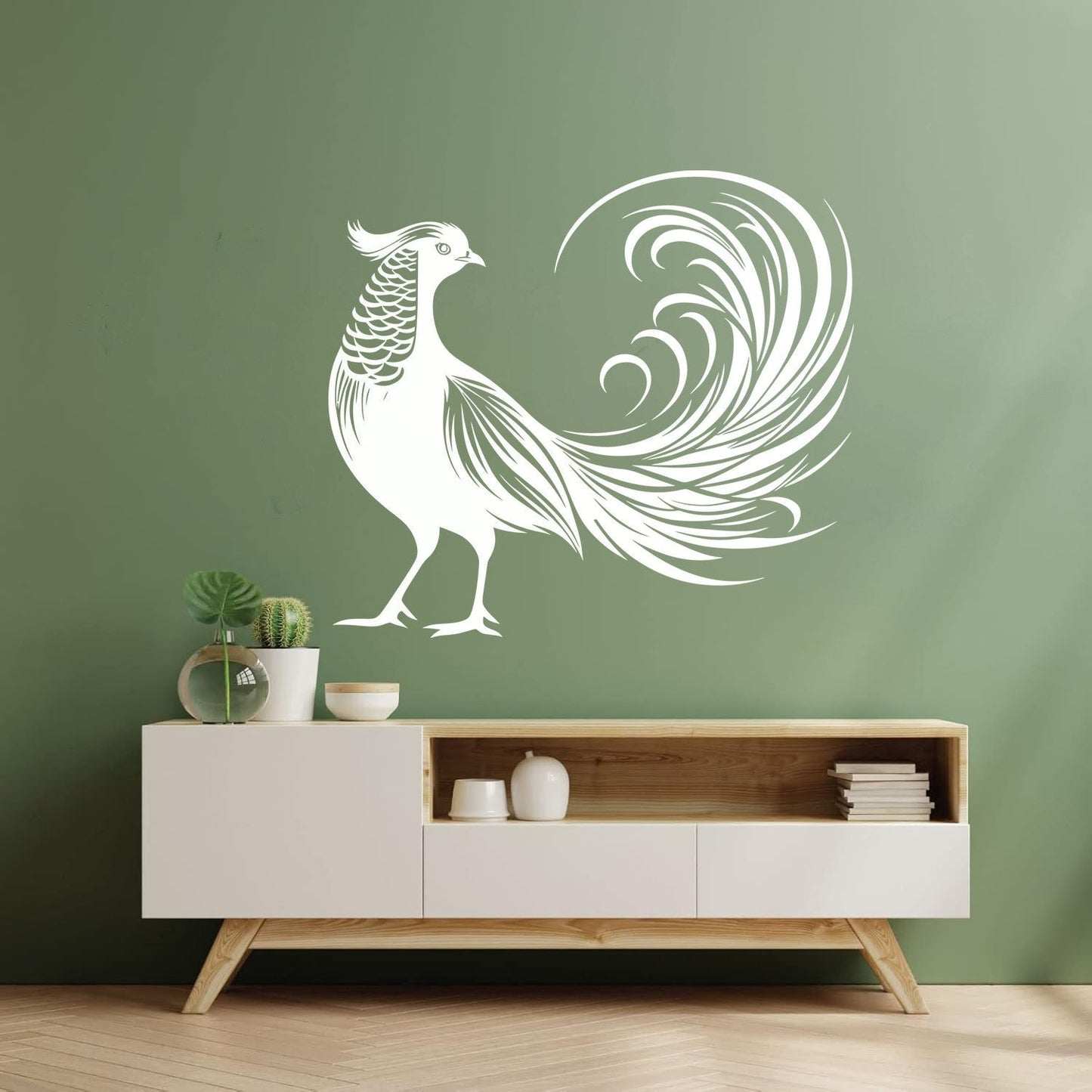 Stickers muraux élégants représentant un oiseau exotique aux plumes de queue déployées, au design artistique. N'abîment pas les murs.