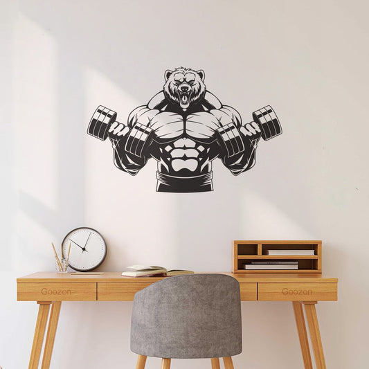 Fierce Muscular Bear Lifting Heavy Dumbbells In Intense Workout Lettering Decals Waterproof