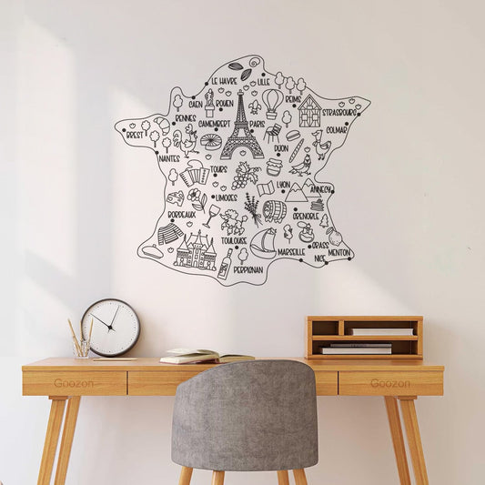 Engraving Stickers France Map Paris Eiffel Tower Castles And Animals It Won'T Fall Off