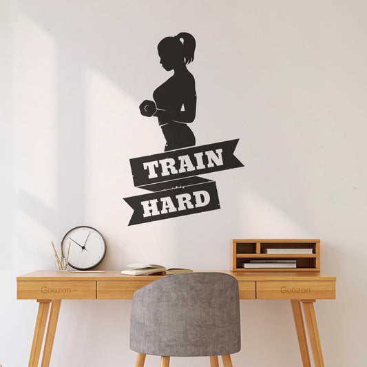 Lettering Stickers Gym Training Train Hard Poster With Exercising Athletic Girl Personalized Customization