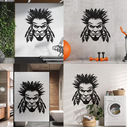 Autocollants lettrage visage de guerrier intense avec plumes, style art tribal amérindien audacieux, décoration de carrosserie de voiture