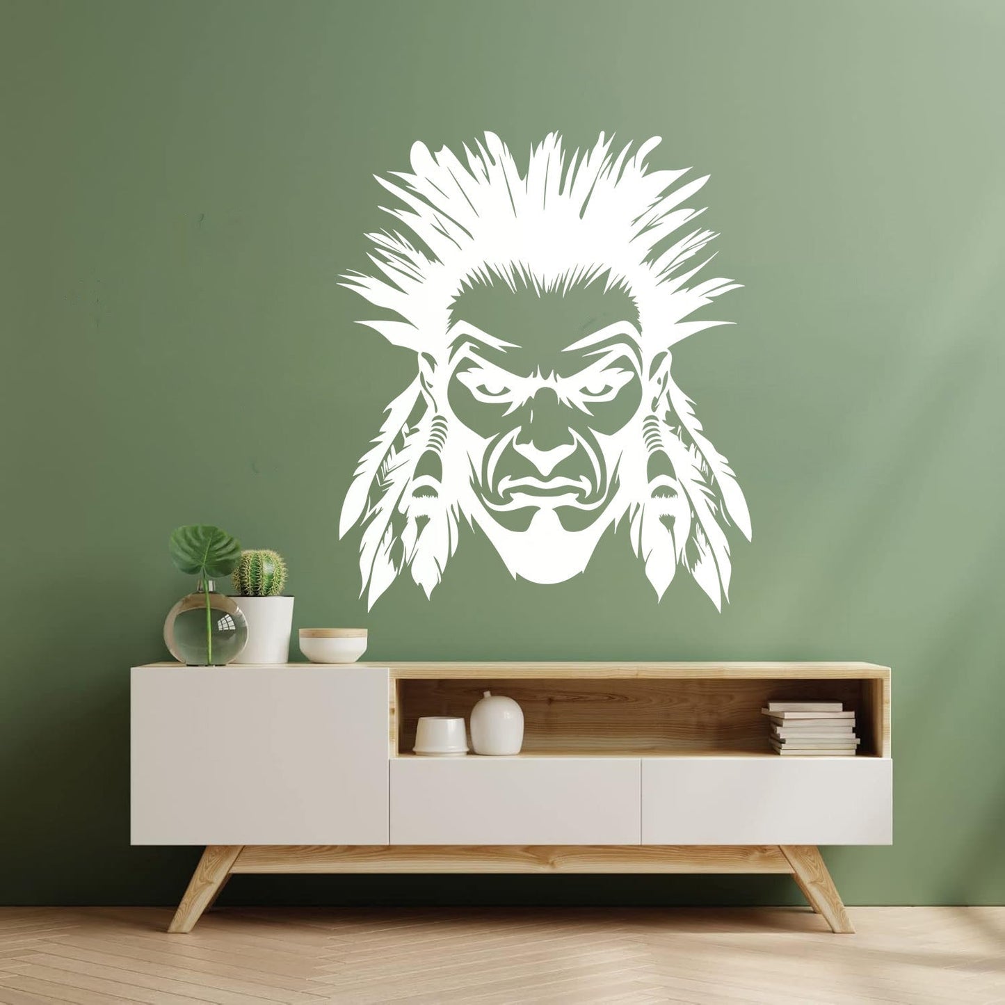 Autocollants lettrage visage de guerrier intense avec plumes, style art tribal amérindien audacieux, décoration de carrosserie de voiture