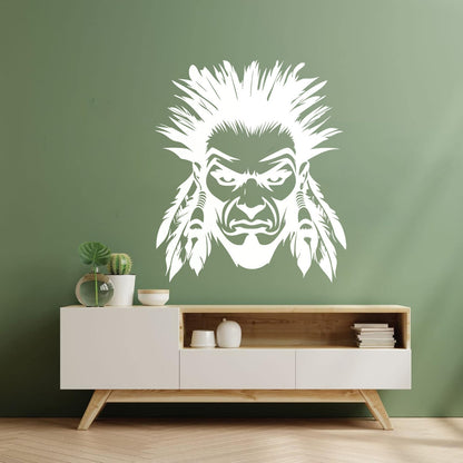 Autocollants lettrage visage de guerrier intense avec plumes, style art tribal amérindien audacieux, décoration de carrosserie de voiture